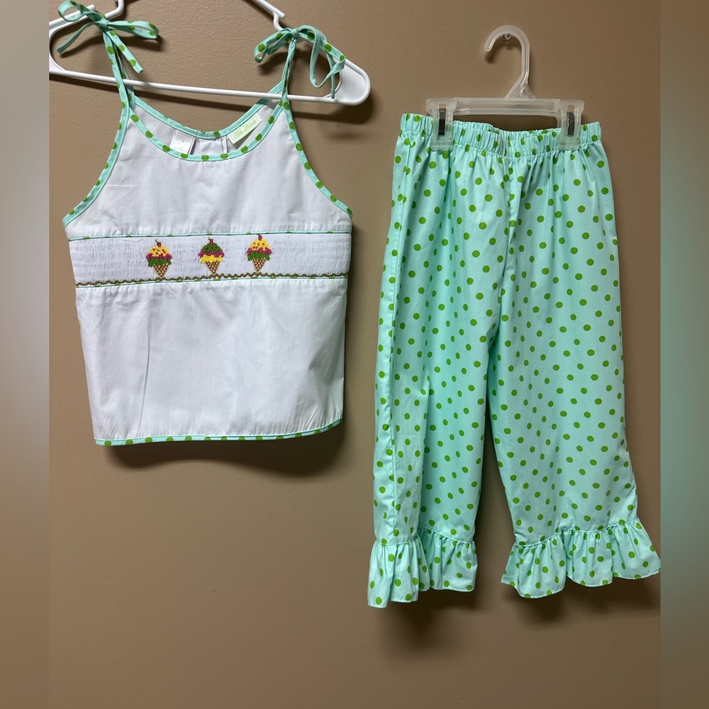 Girls' Green Polka Dot Matching Set - Ice Cream Smocked Top and Ruffle Pants